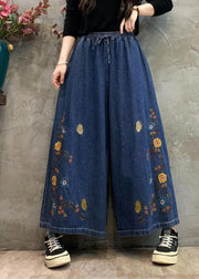 Original Blue Embroidery Patchwork Elastic Waist Denim Wide Leg Pants Autumn