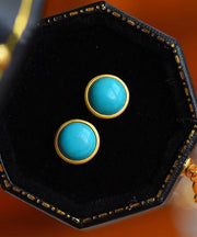 Original Blue Sterling Silver Overgild Turquoise Round Stud Earrings