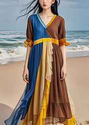 Original Blue V Neck Wrinkled Patchwork Chiffon Long Dresses Summer