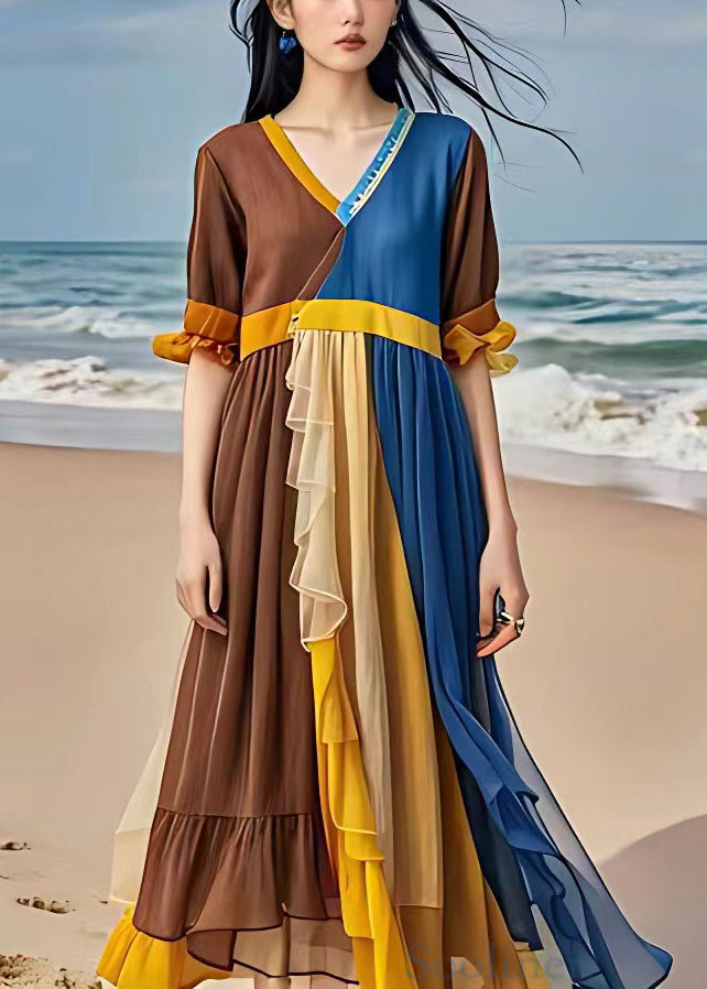 Original Blue V Neck Wrinkled Patchwork Chiffon Long Dresses Summer