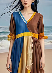 Original Blue V Neck Wrinkled Patchwork Chiffon Long Dresses Summer