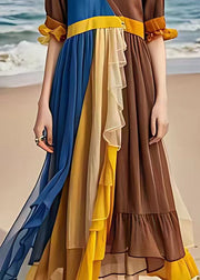 Original Blue V Neck Wrinkled Patchwork Chiffon Long Dresses Summer