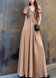 Original Champagne V Neck Wrinkled Cotton Maxi Dress Summer