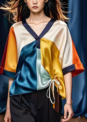 Original Colorblock V Neck Cinched Patchwork Silk Tops Summer