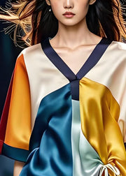 Original Colorblock V Neck Cinched Patchwork Silk Tops Summer