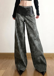 Original Dark Gray High Waist Patchwork Faux Leather Pants Fall