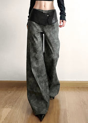 Original Dark Gray High Waist Patchwork Faux Leather Pants Fall