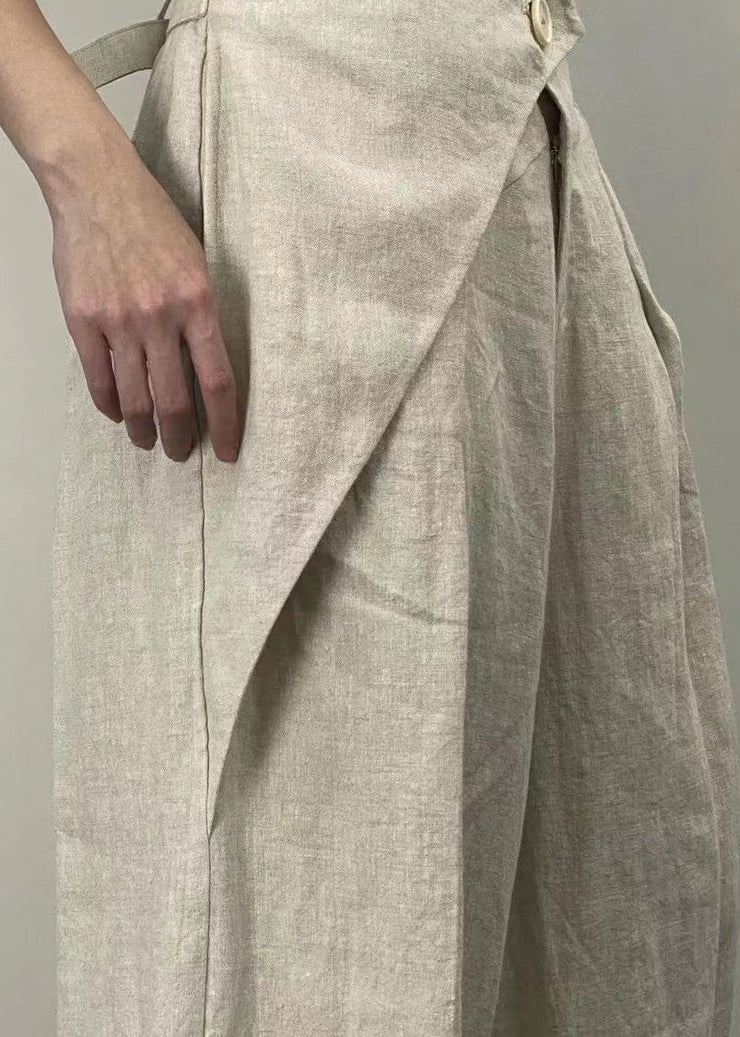 Original Design Apricot Pockets Patchwork Linen Wide Leg Pants Fall