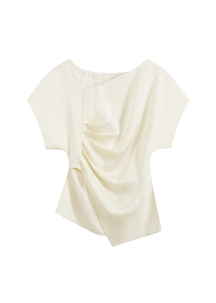 Original Design Beige Asymmetrical Design Wrinkled Silk Top Summer