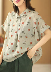 Original Design Beige Grey Peter Pan Collar Print Linen Shirt Short Sleeve