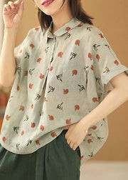 Original Design Beige Grey Peter Pan Collar Print Linen Shirt Short Sleeve