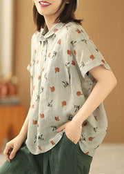 Original Design Beige Grey Peter Pan Collar Print Linen Shirt Short Sleeve