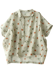 Original Design Beige Grey Peter Pan Collar Print Linen Shirt Short Sleeve