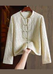 Original Design Beige Yellow Jacquard Button Patchwork Silk Coats Fall