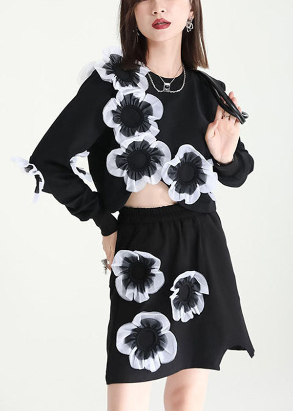 Original Design Black Asymmetrical Patchwork Applique Cotton Two Pieces Set