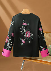 Original Design Black Embroidered Button Silk Coats Fall