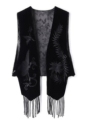 Original Design Black Embroideried Tasseled Silk Velour Vest Sleeveless