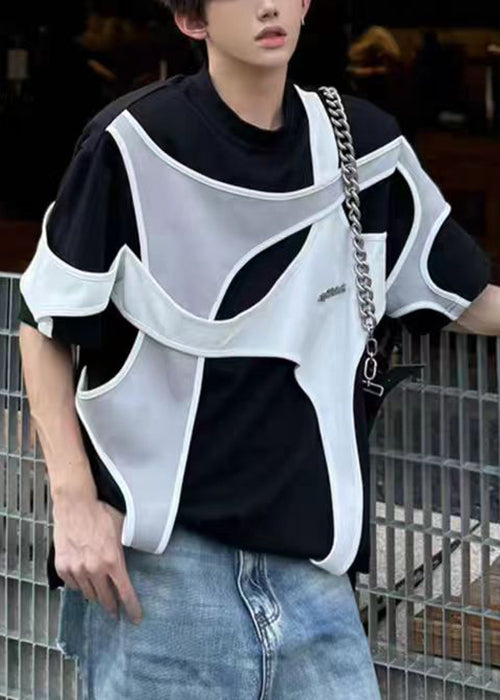 Original Design Black O Neck Patchwork Cotton Men&