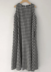 Original Design Black O Neck Plaid Cotton Long Dress Sleeveless