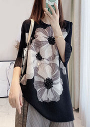 Original Design Black O-Neck Wrinkled Floral Tank Flare Sleeve