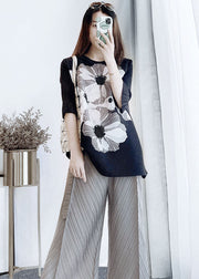 Original Design Black O-Neck Wrinkled Floral Tank Flare Sleeve