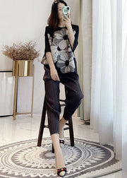 Original Design Black O-Neck Wrinkled Floral Tank Flare Sleeve