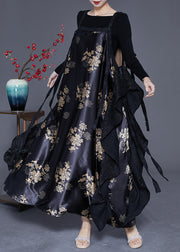 Original Design Black Oversized Patchwork Exra Large Hem Silk Dress Spring