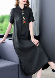 Original Design Black Peter Pan Collar Embroideried Silk Dress Summer