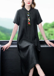 Original Design Black Peter Pan Collar Embroideried Silk Dress Summer