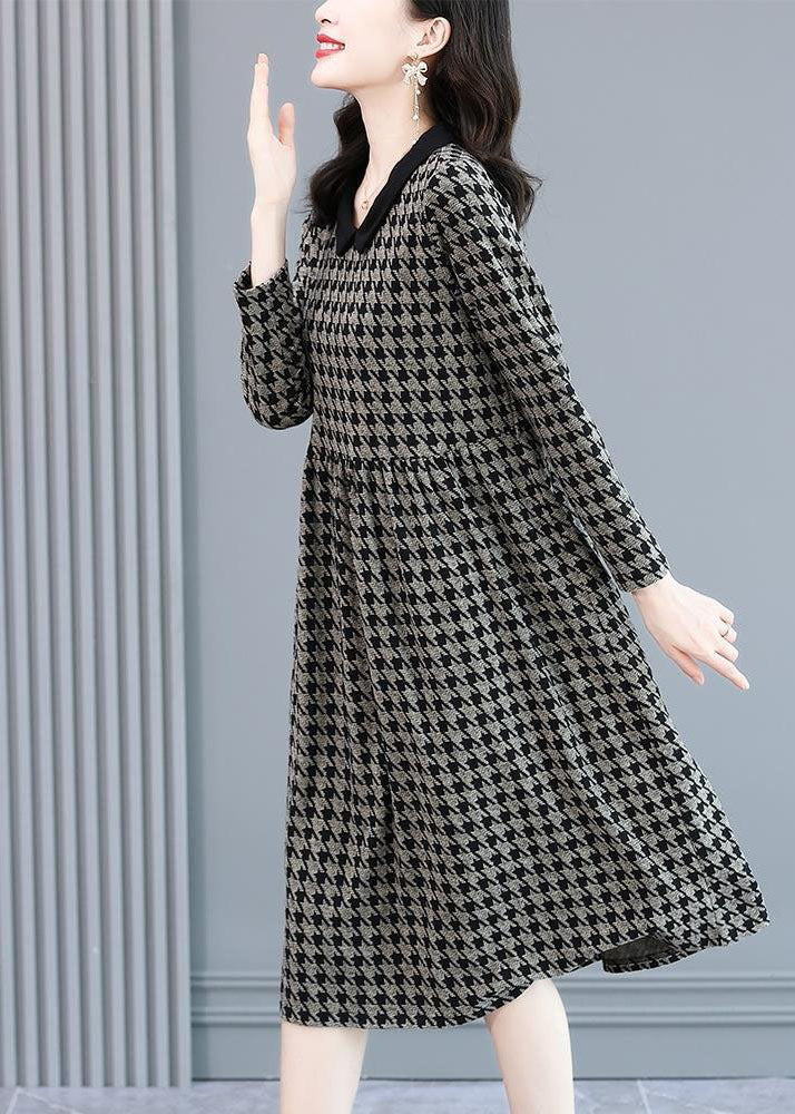 Original Design Black Peter Pan Collar Plaid Knit Sweater Dress Long Sleeve