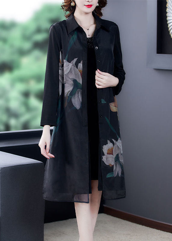 Original Design Black Peter Pan Collar Print Silk Shirt Coat Long Sleeve