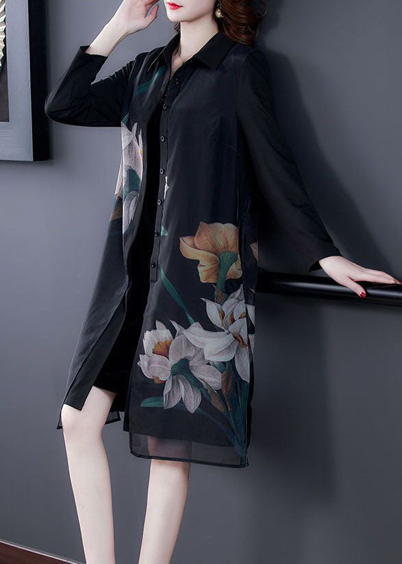 Original Design Black Peter Pan Collar Print Silk Shirt Coat Long Sleeve