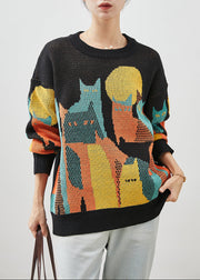 Original Design Black Print Knit Short Sweater Winter