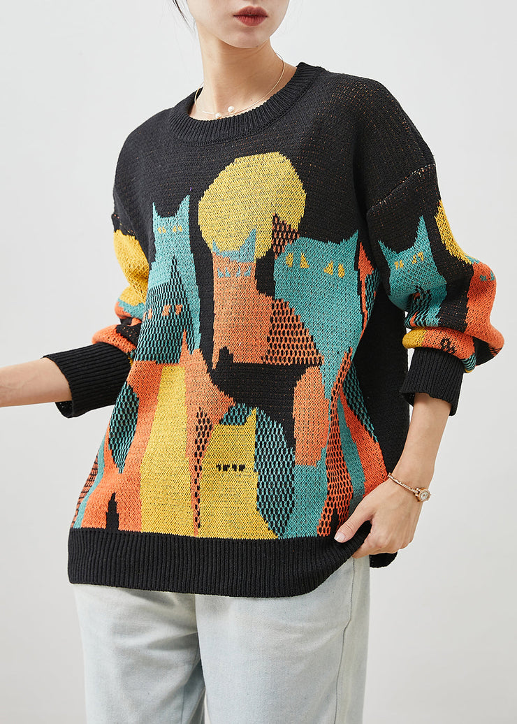 Original Design Black Print Knit Short Sweater Winter