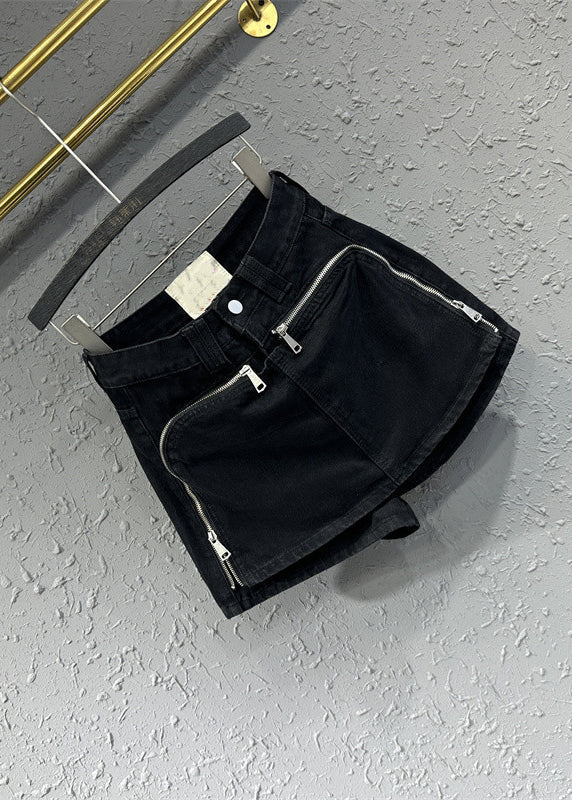 Original Design Black Zip Up Pockets Patchwork Denim Shorts Summer