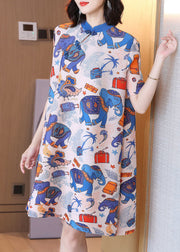 Original Design Blue Animal Print Stand Collar Oriental Button Silk A Line Dress Short Sleeve