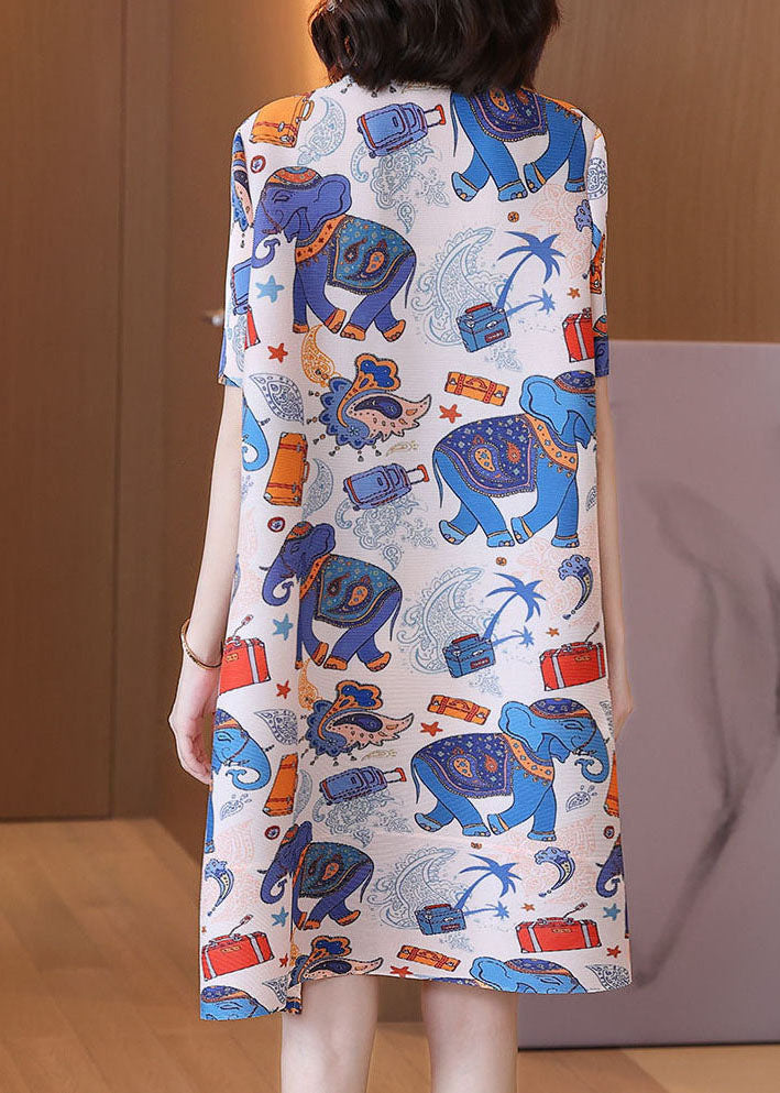 Original Design Blue Animal Print Stand Collar Oriental Button Silk A Line Dress Short Sleeve