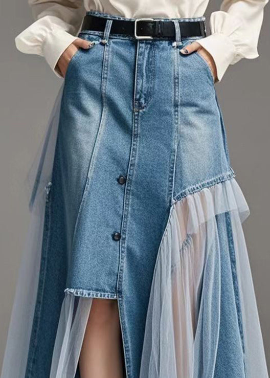 Original Design Blue Asymmetrical Patchwork Denim Wraped Skirts Spring