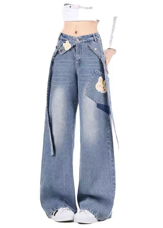 Original Design Blue Pockets Denim Wide Leg Pants Spring