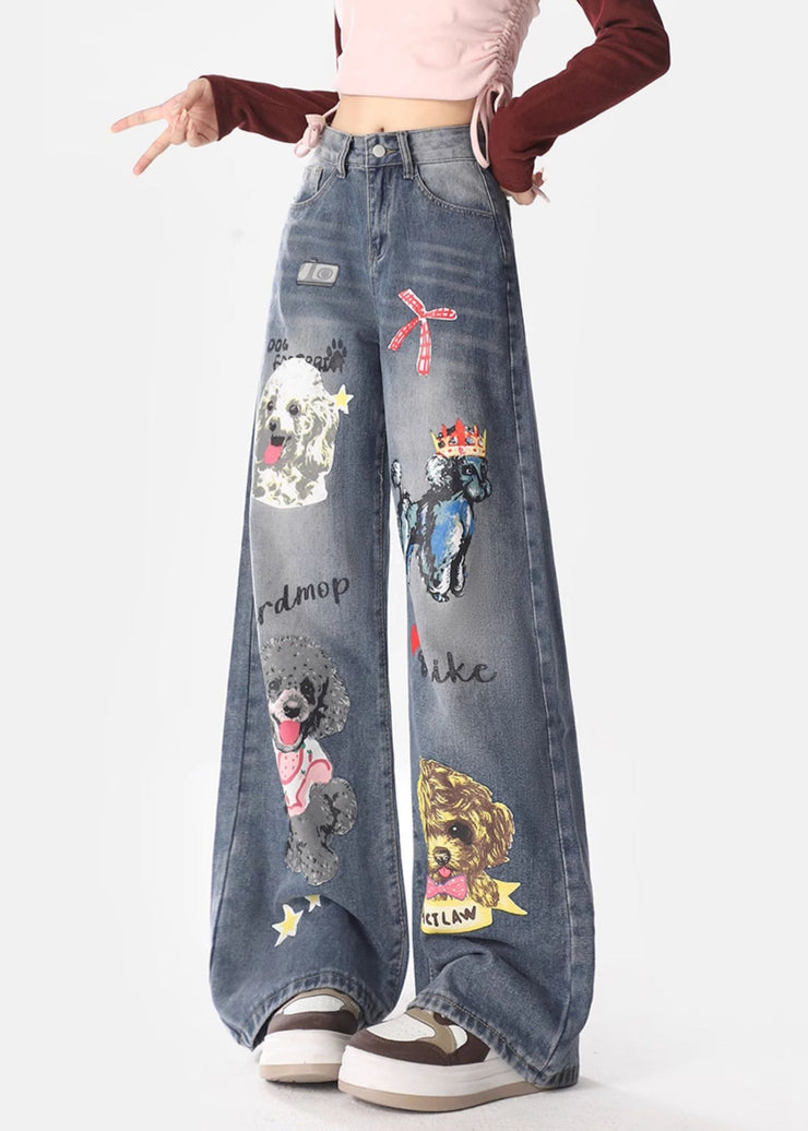 Original Design Blue Pockets Dogs Print Denim Wide Leg Pants Spring