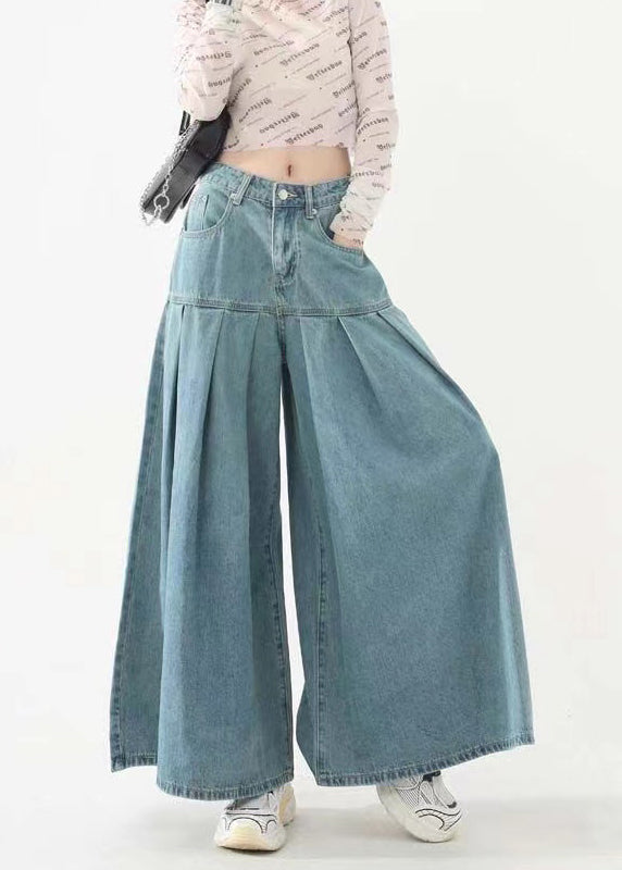 Original Design Blue Pockets Wrinkled Patchwork Denim Pants Skirt Spring