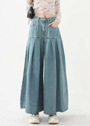 Original Design Blue Pockets Wrinkled Patchwork Denim Pants Skirt Spring