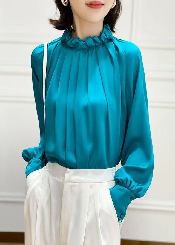 Original Design Blue Stand Collar Cinched Silk Tops Spring