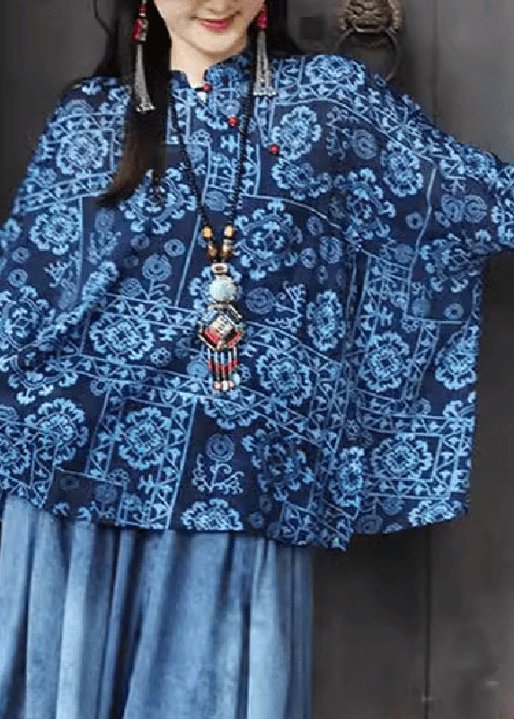 Original Design Blue Stand Collar Print Button Top Fall