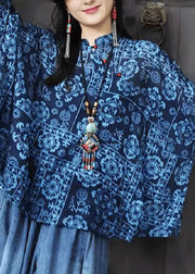 Original Design Blue Stand Collar Print Button Top Fall