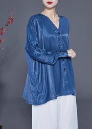 Original Design Blue V Neck Oversized Button Silk Shirt Top Spring