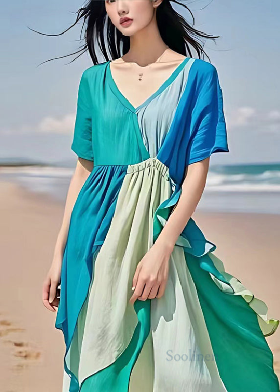 Original Design Blue V Neck Patchwork Linen Party Dress Summer