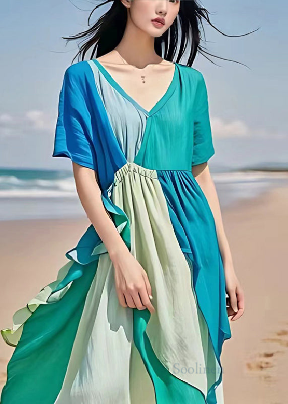 Original Design Blue V Neck Patchwork Linen Party Dress Summer