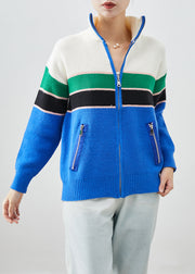 Original Design Blue Zip Up Patchwork Knit Coats Fall