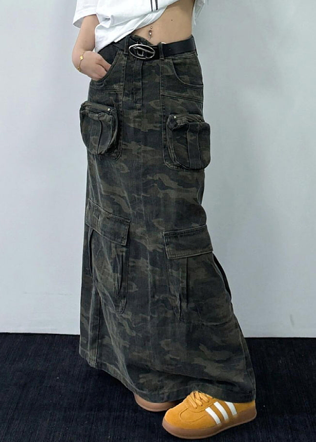 Original Design Camouflage Pockets Denim Maxi Skirts Fall